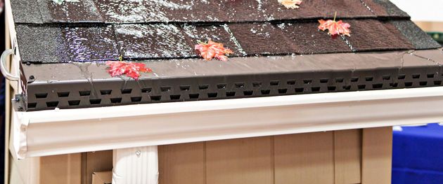 Roof edge with dark shingles, black vent strip, and beige siding below.