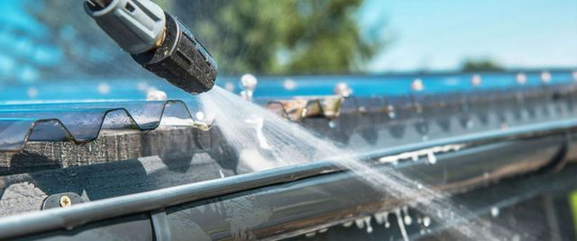 Pressure washer spraying water across a car windshield on a sunny day