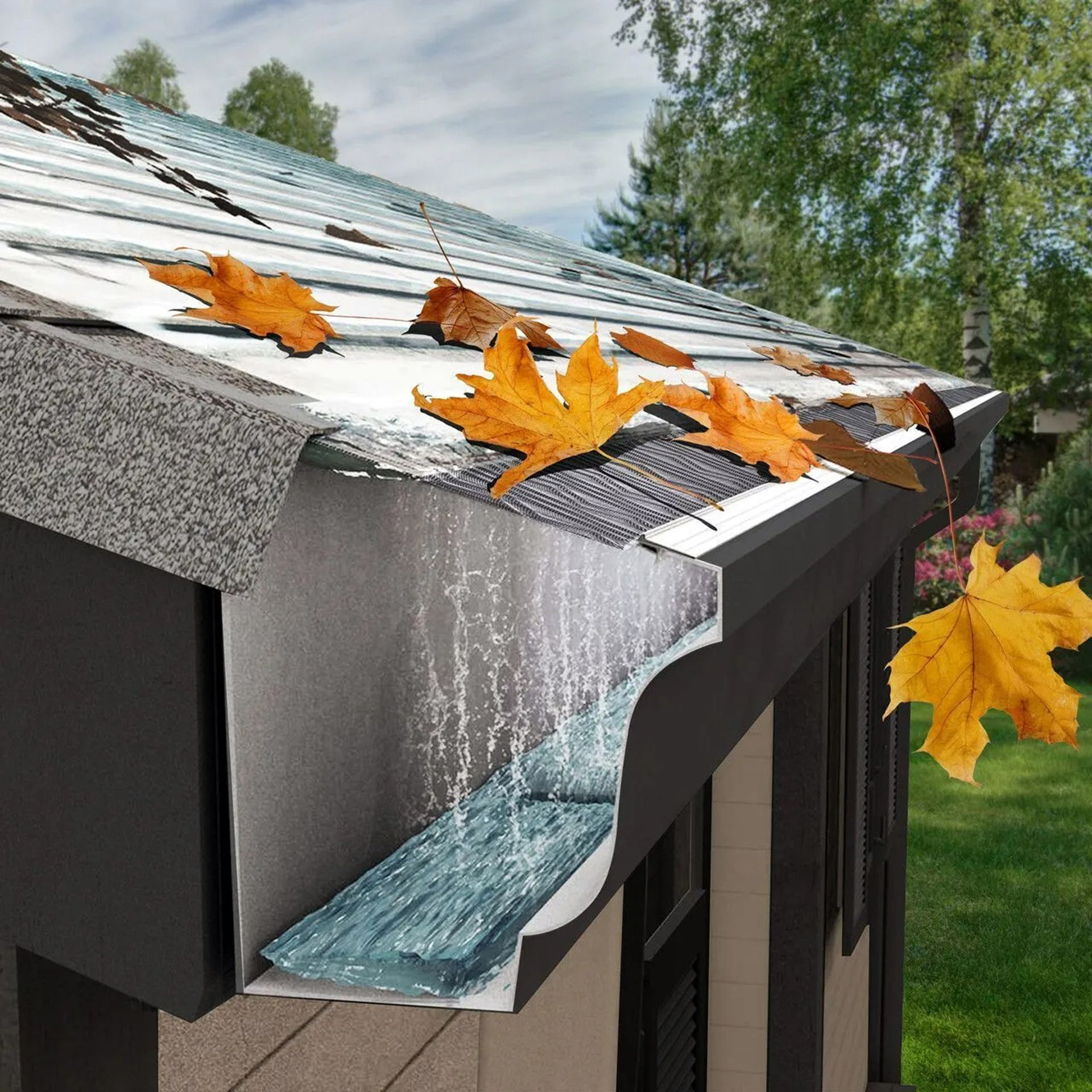 Rainwater overflowing from a roof gutter onto a house exterior with autumn leaves on the shingles