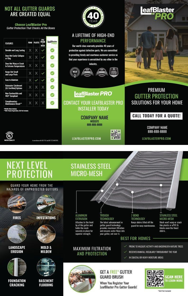 Promotional flyer for LeafBlaster Pro gutter guards, black and green, with product photos and feature icons.