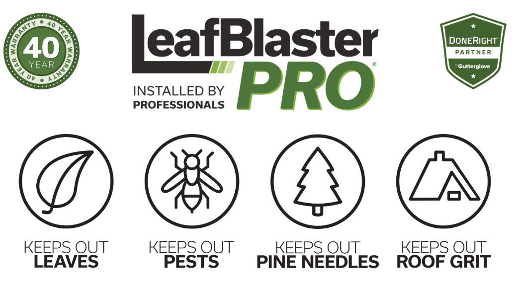 LeafBlaster Pro gutter guard graphic with icons for leaves, pests, pine needles, and roof grit cleanup.