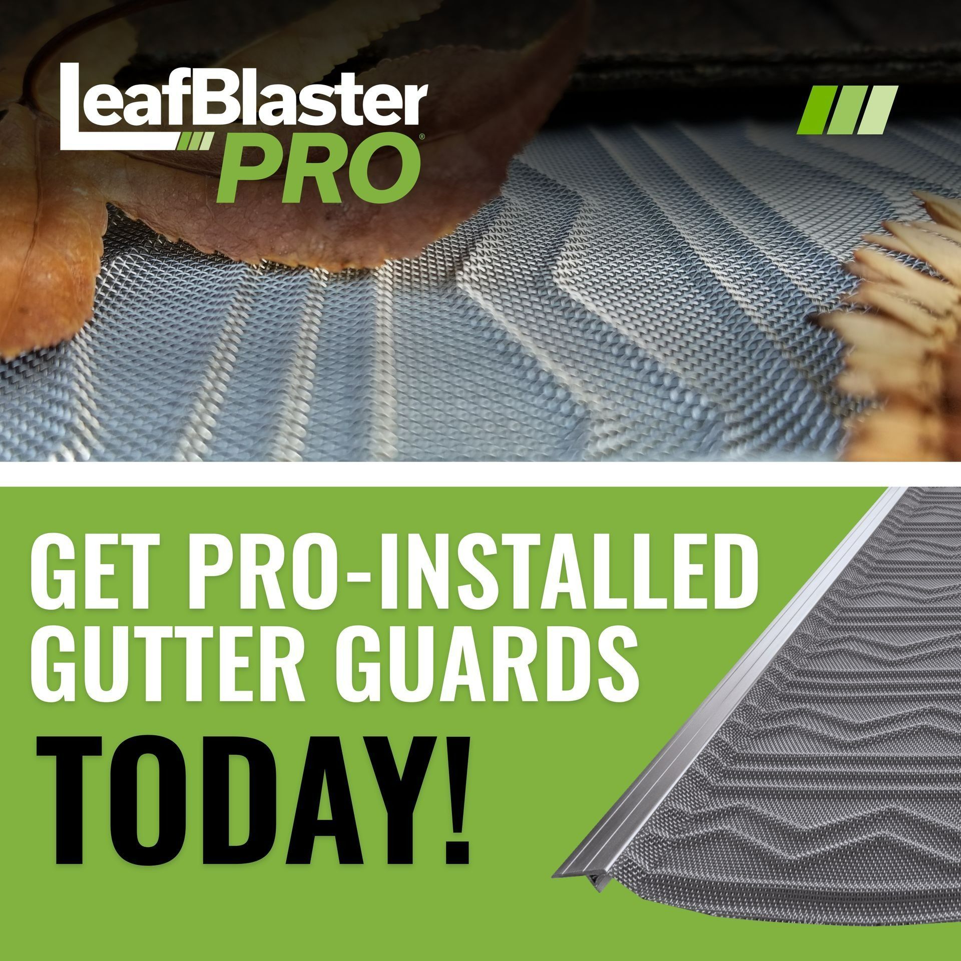 LeafBlaster Pro ad: “Get pro-installed gutter guards today!” with gutter guard graphic and roof debris scene