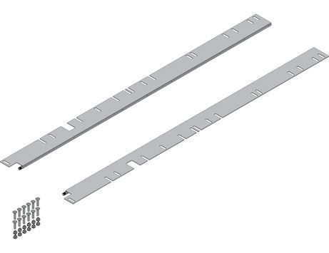 A pair of metal rails with screws attached to them on a white background.