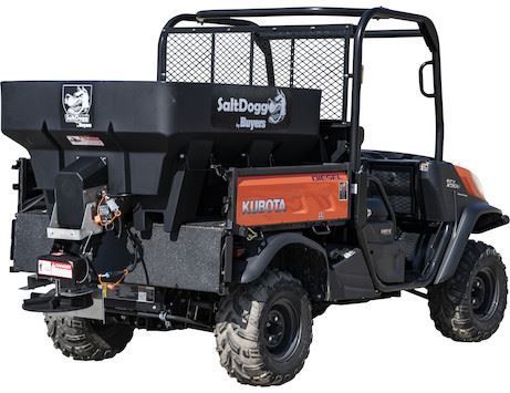 A kubota utility vehicle with a salt doggy on the back
