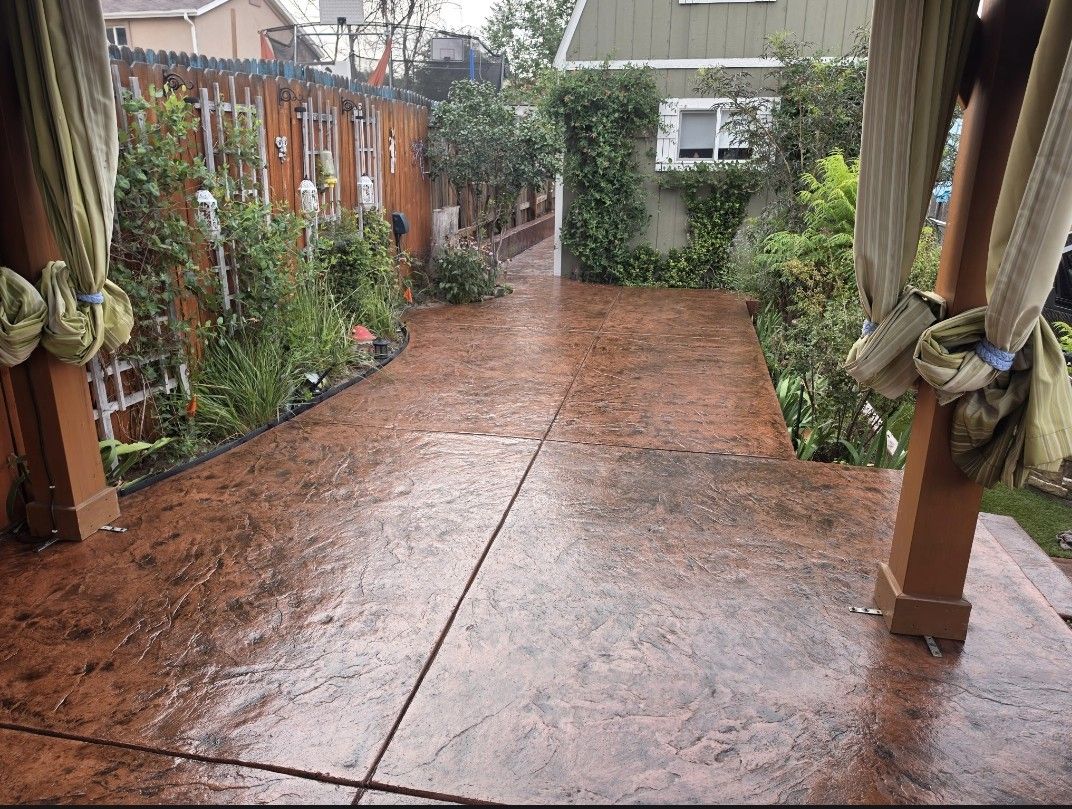 Rain-soaked backyard patio with wet concrete, potted plants, and a vine-covered fence