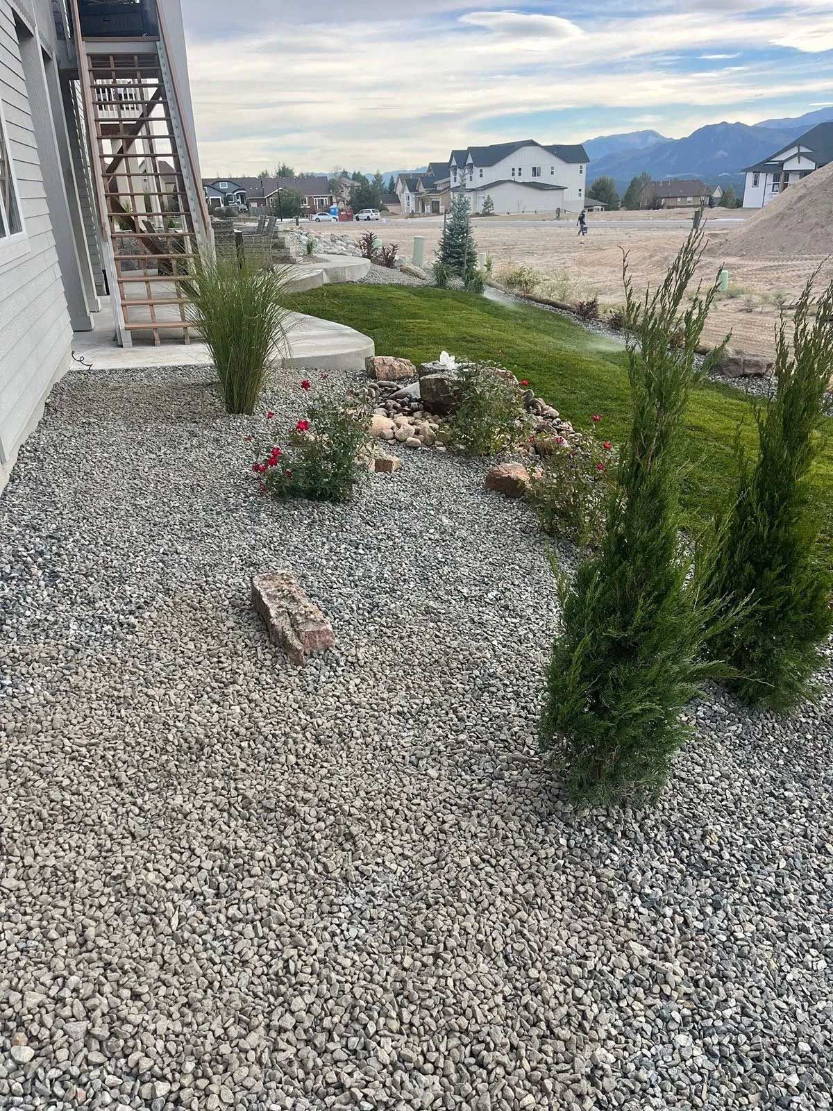 Gravel-covered yard with small plants and a few shrubs near a house and construction area.
