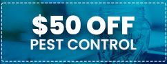 $50 off pest control promotion in a blue box.