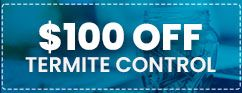 $100 off Termite Control. Blue rectangle with white text.