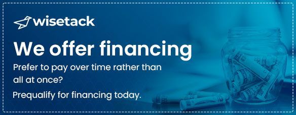 Advertisement for Wisetack, offering financing. Blue background with text and money jar.