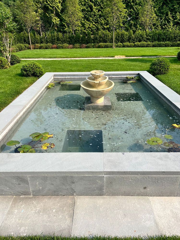 A fountain in a garden with water lilies and trees in the background