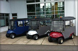 Blue golf cart and enclosure