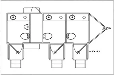Black-and-white schematic of a multi-compartment machine or truck with hoppers and chutes on wheels