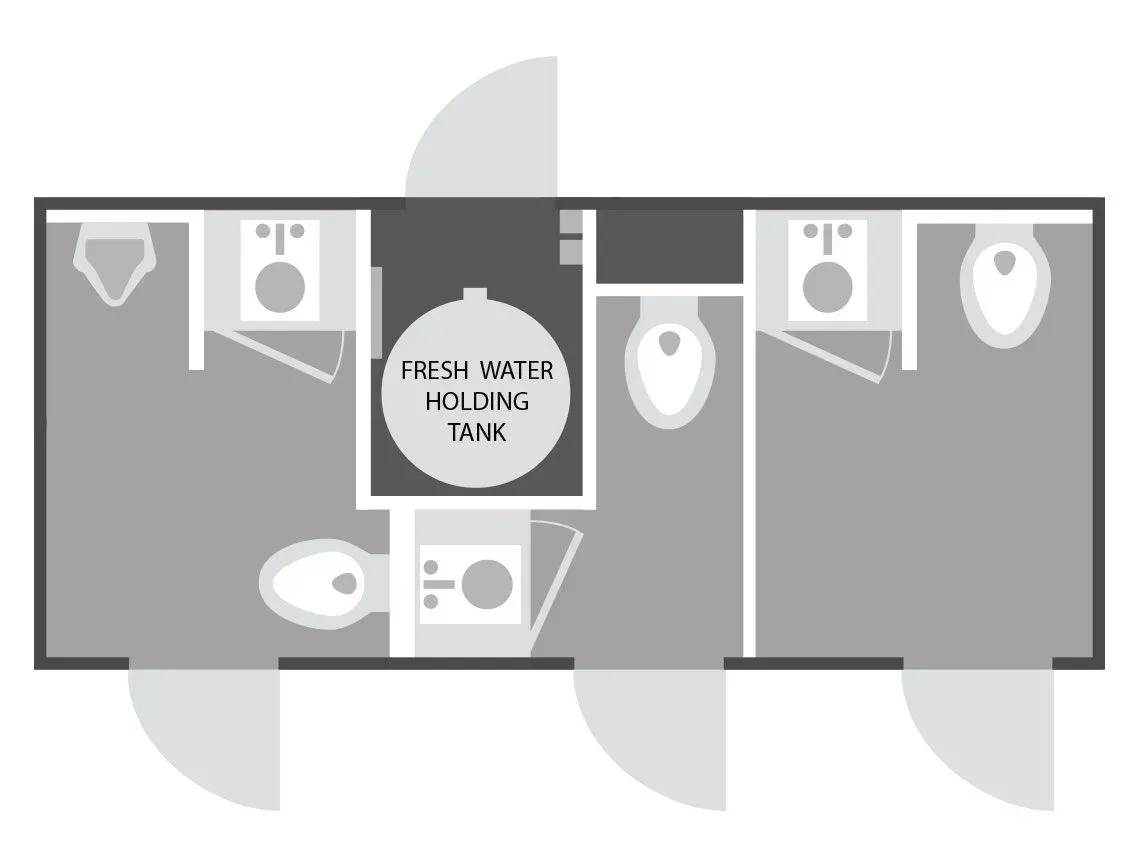 Bathroom floor plan with five stalls, sinks, toilets, and central “fresh water holding tank” area