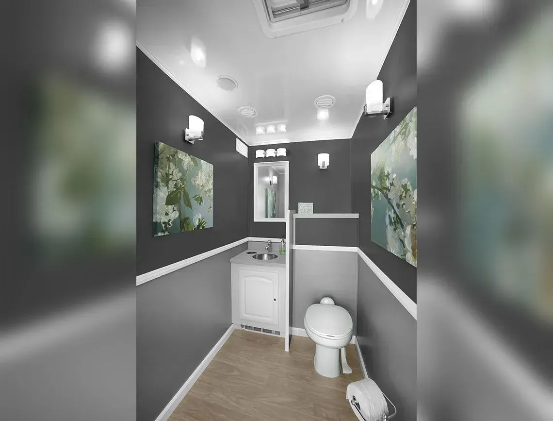 Small modern bathroom with gray walls, floral art, white toilet, and vanity partition