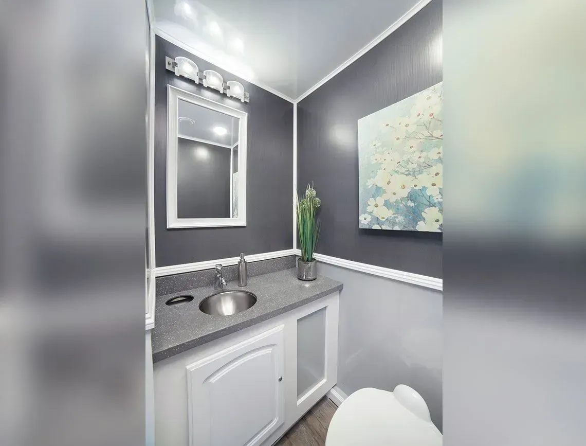 Small gray bathroom vanity with sink, mirror lights, white trim, and floral wall art