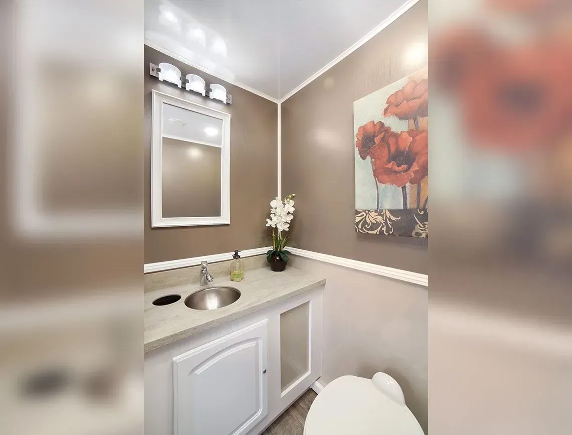 Small beige bathroom vanity with mirror, sink, floral wall art, and white toilet.