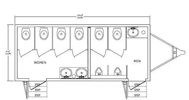 Accessible restroom floor plan with women's and men's stalls, sinks, and an exterior entrance ramp