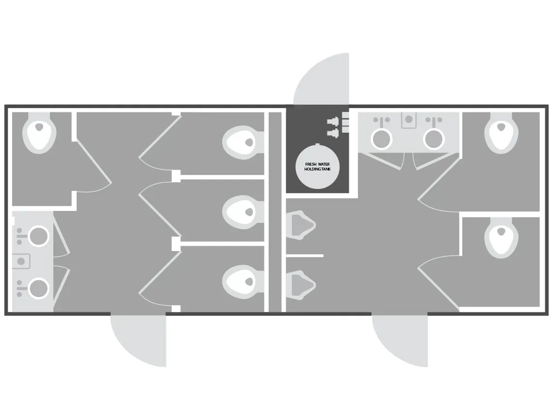 Floor plan of a small restroom with stalls, sinks, and a central accessibility symbol.