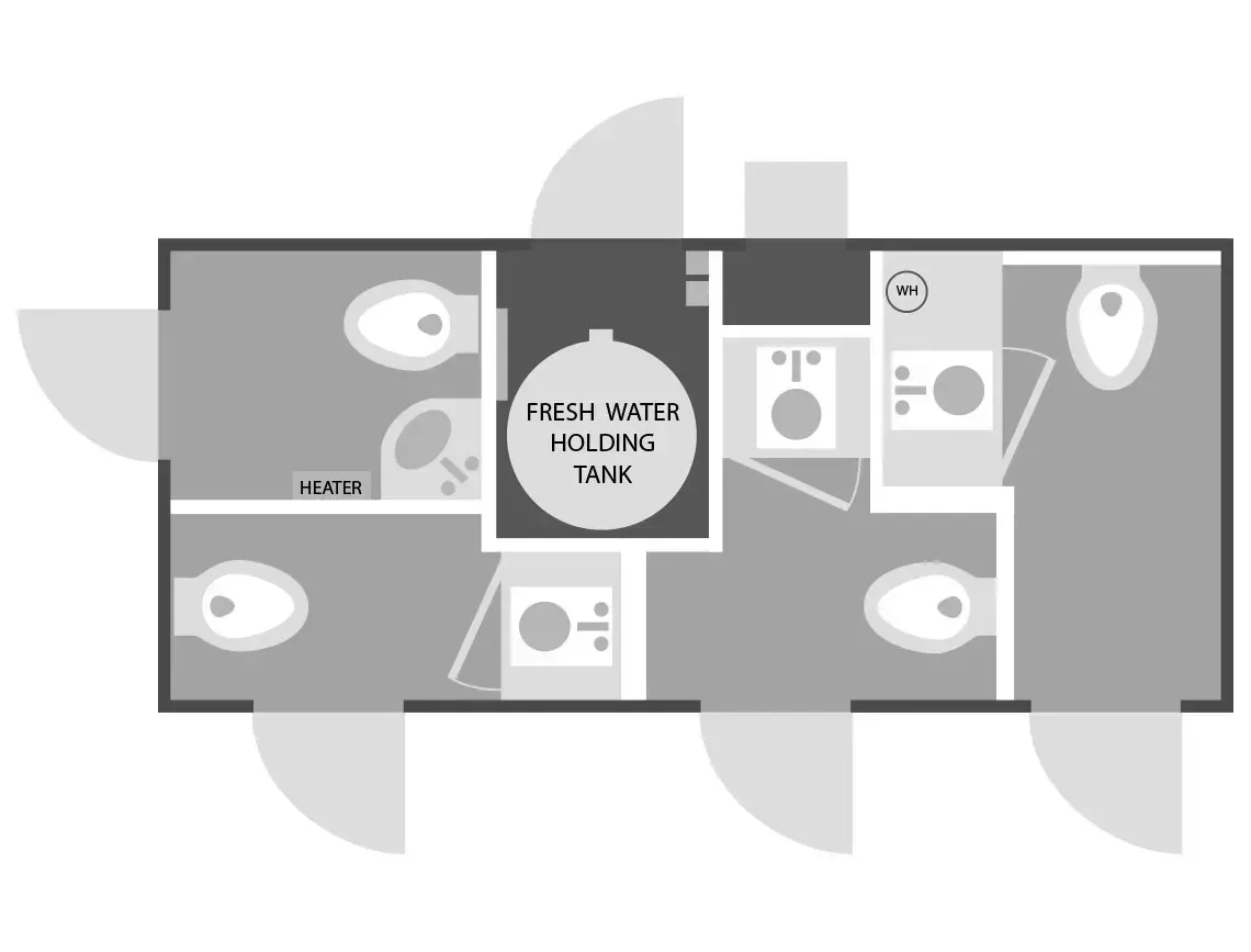 Floor plan of a small rest area with two toilet stalls, sinks, and a central hallway.