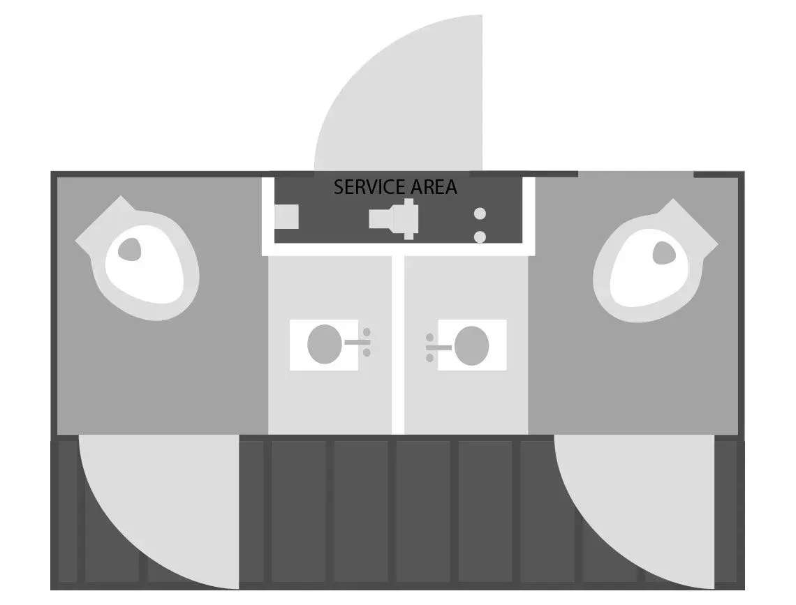 Top-down restroom layout with two stalls, sinks, and a central service area in gray and white.