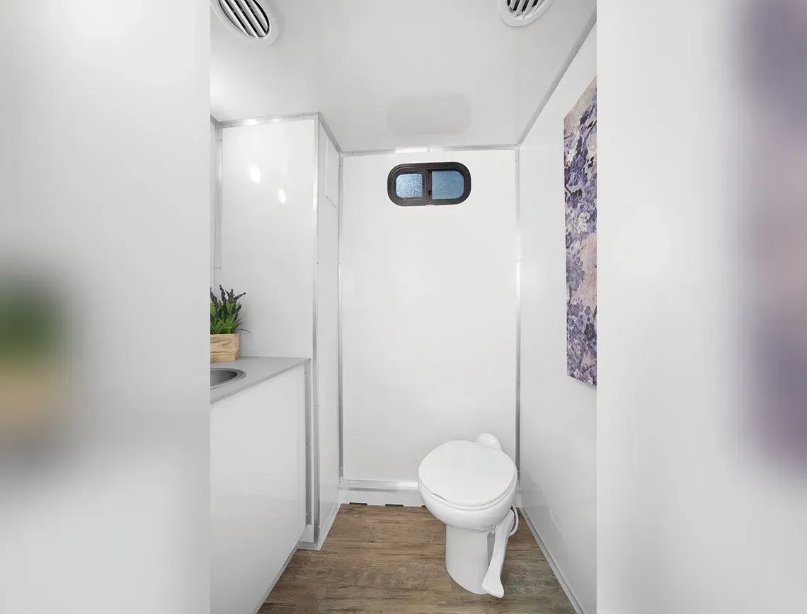 Narrow white bathroom with a toilet, wood floor, and small high window.