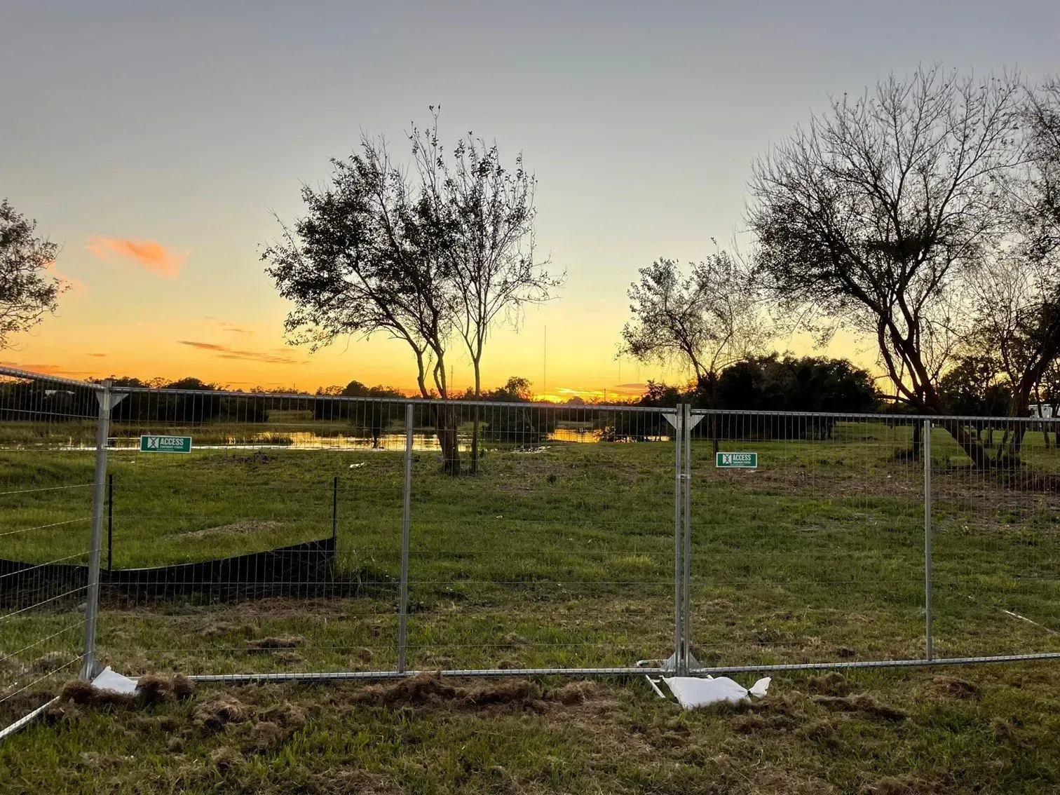 Chain-link fence around a grassy field at sunset with trees silhouetted against an orange sky