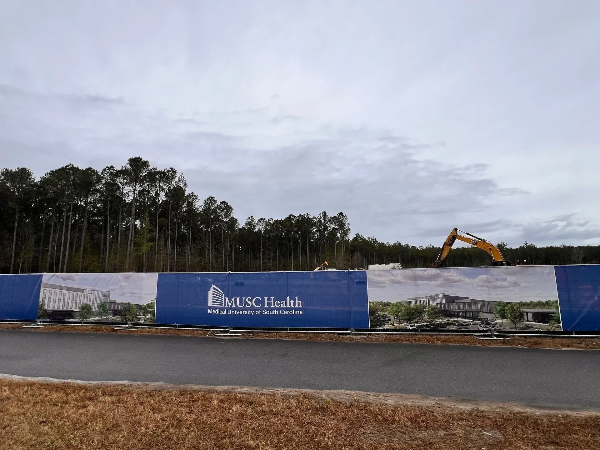 Construction site with blue fencing, excavator, and trees under cloudy sky