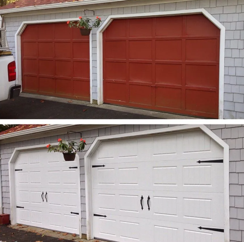 Before and after of a red garage door being repainted white, with added black hardware.