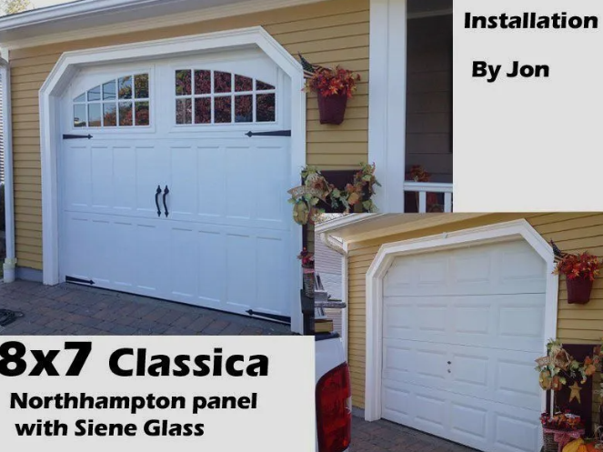 White Classica garage door with window panels installed on a yellow house, by Jon.
