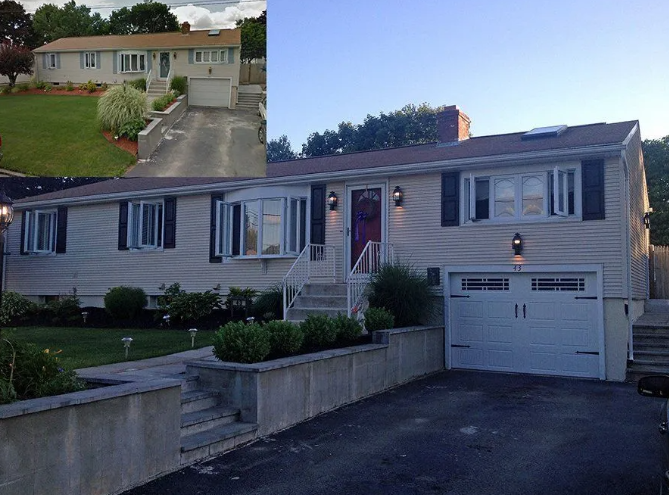 Two-story house with a landscaped yard. Before-and-after view, with a new garage door and upgraded exterior.