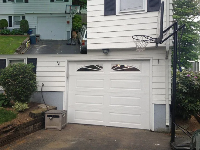 White garage door with arched glass panels and a basketball hoop; a car parked nearby.