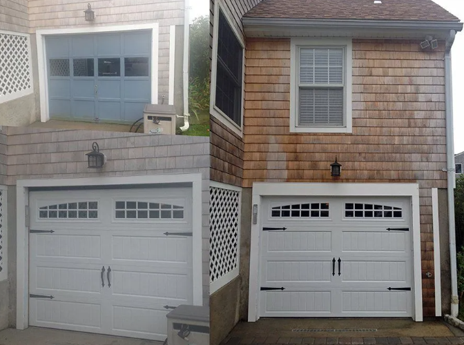 Garage door before and after: old blue door replaced with white, paneled door. Exterior siding is cedar shingles.