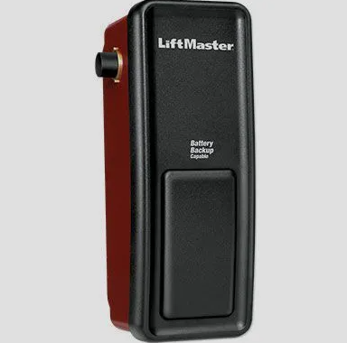 LiftMaster garage door opener, black and red, with battery backup capability.