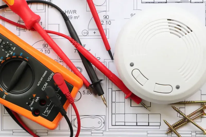Multimeter and tools on blueprints next to a smoke detector and screws.