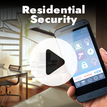 Smartphone showing smart home security app, held in front of a modern home interior. Play button overlaid, text reads