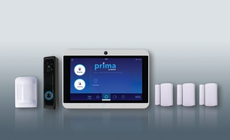 Home security system components displayed: a tablet control panel, door/window sensors, a siren, and a key fob. The system has a white and blue color scheme.