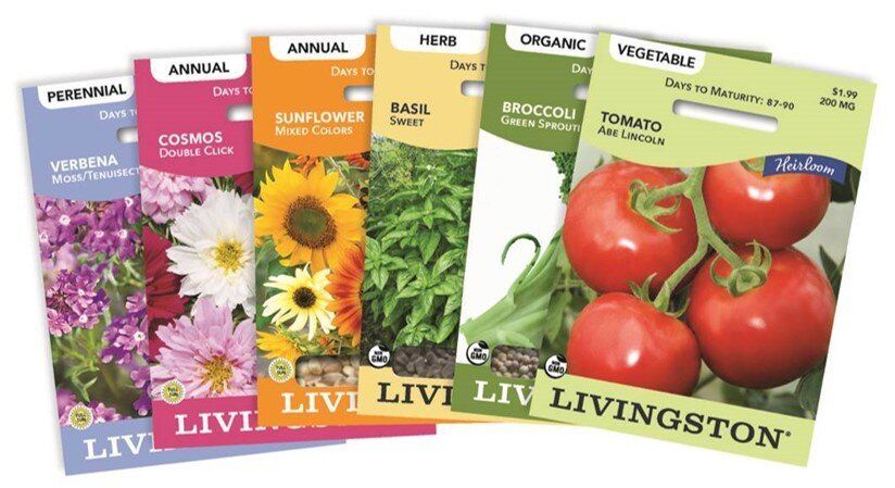 Five packets of livi livingston seeds are displayed
