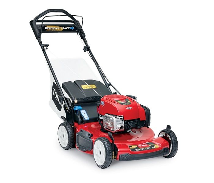 A red lawn mower with white wheels on a white background.