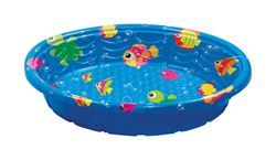 A blue inflatable pool with fish on it on a white background.