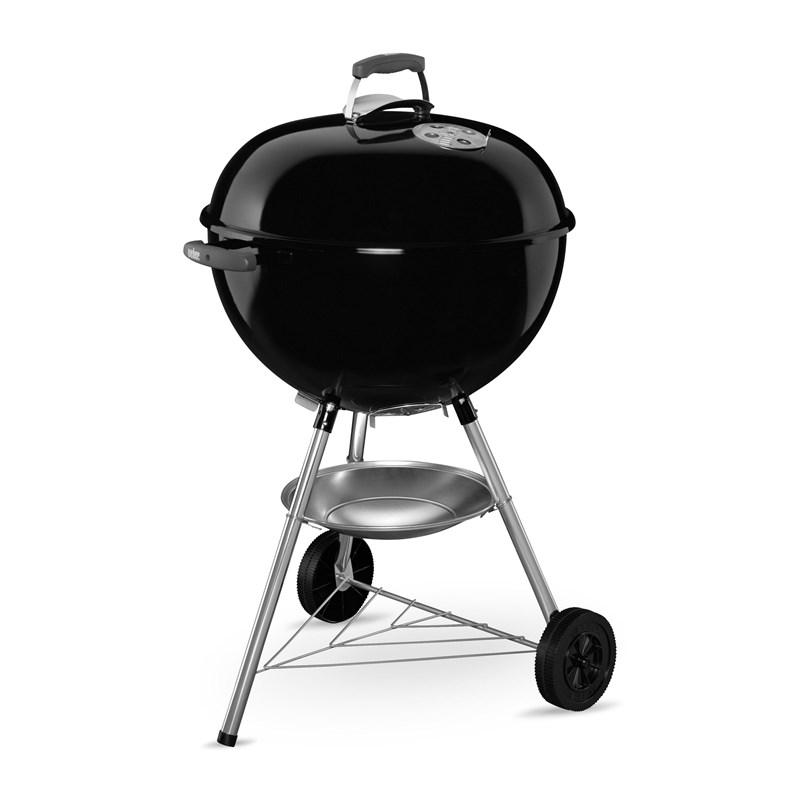 A black charcoal grill with wheels and a tray on a white background.