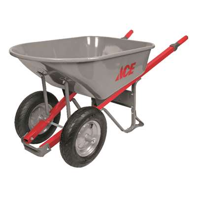 A gray ace wheelbarrow with red handles and wheels