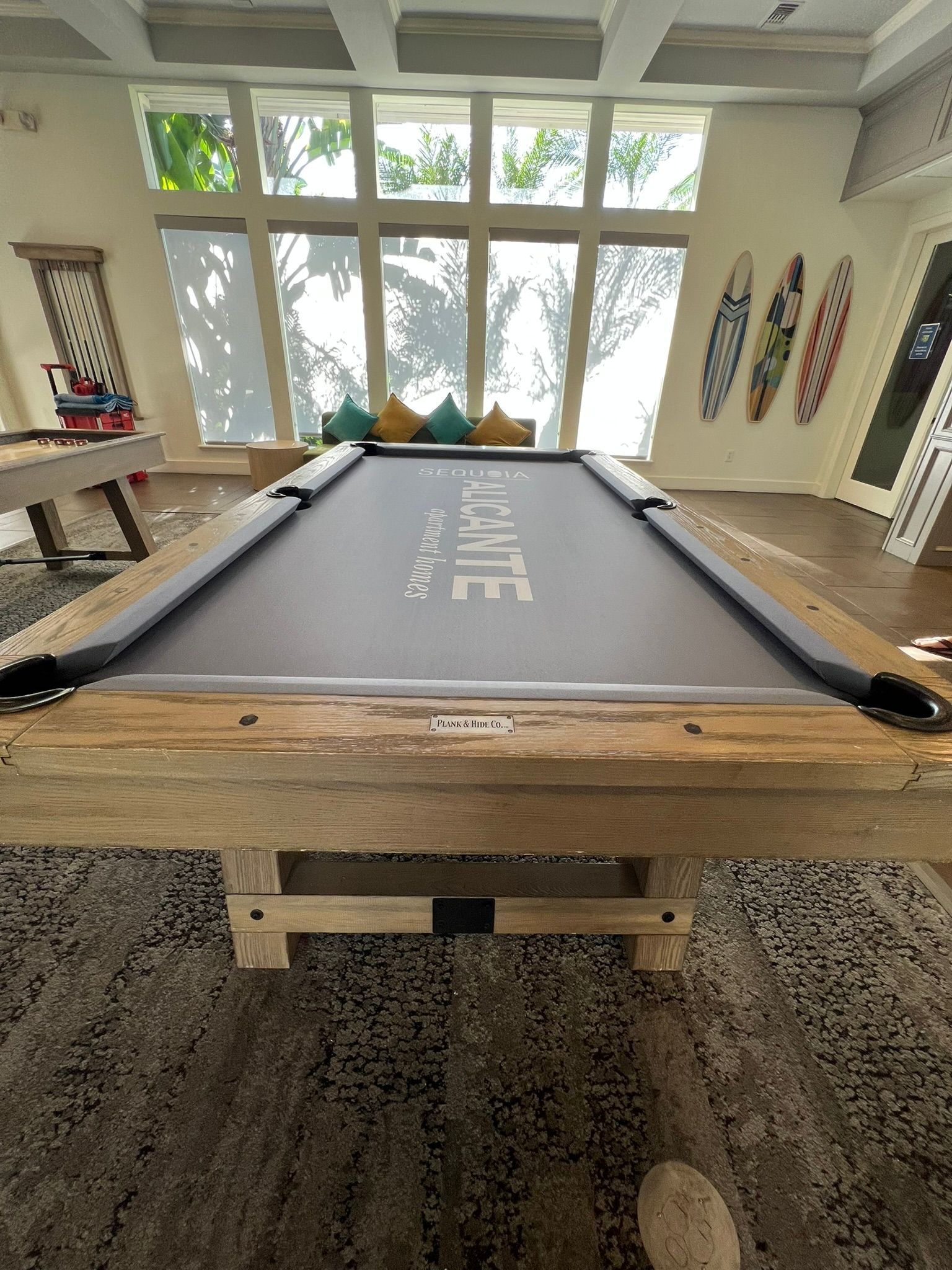 Pool table in a bright room, with cue sticks and windows in the background.