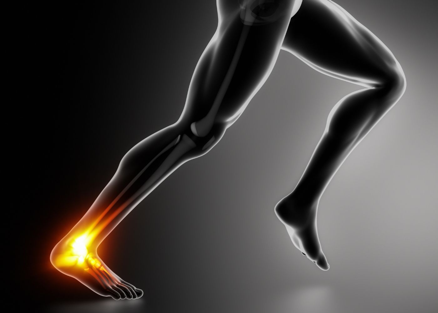 A skeleton of a person running with a glowing ankle