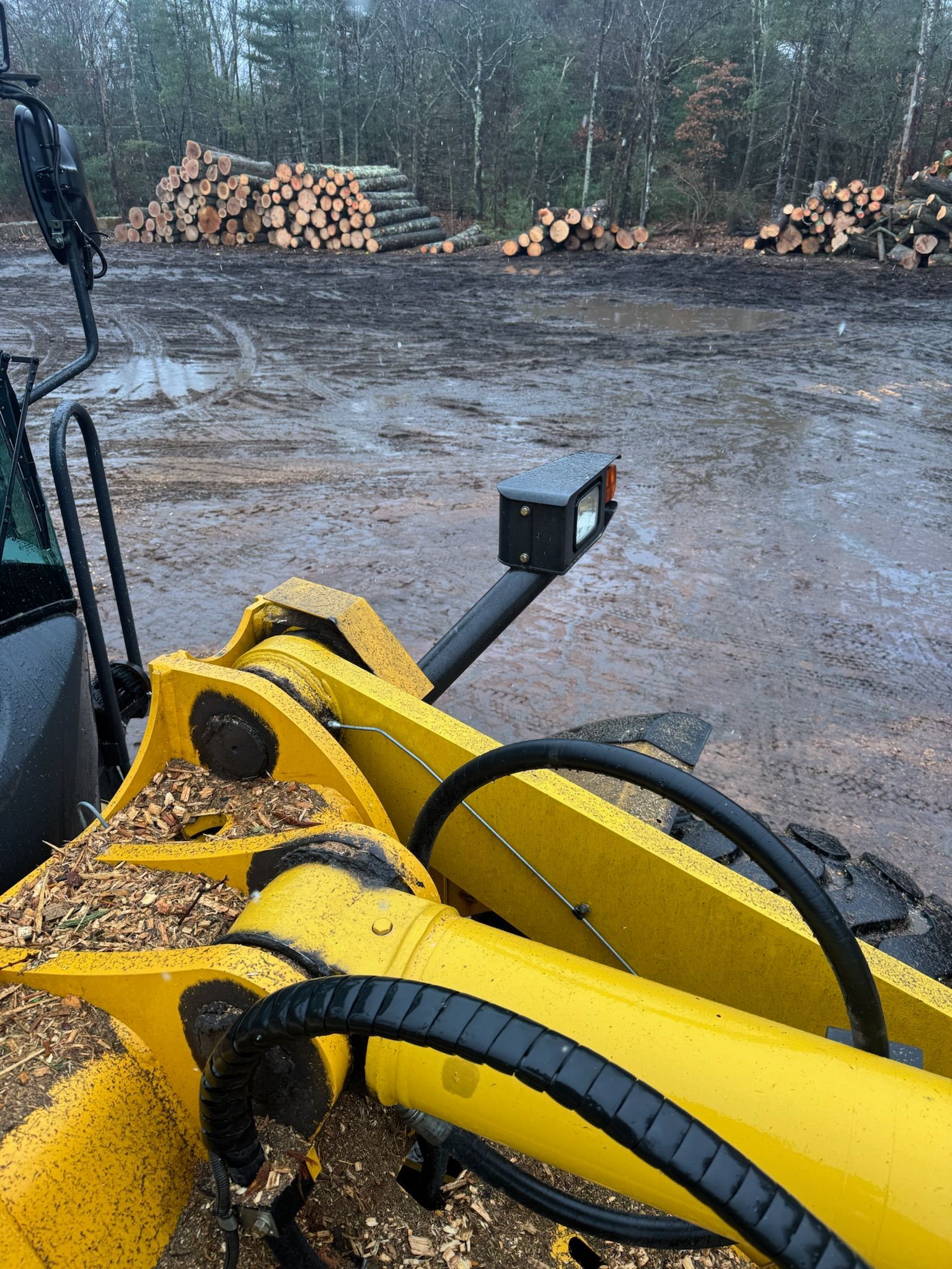 Yellow excavator arm in muddy yard, with stacked logs and trees in the background.