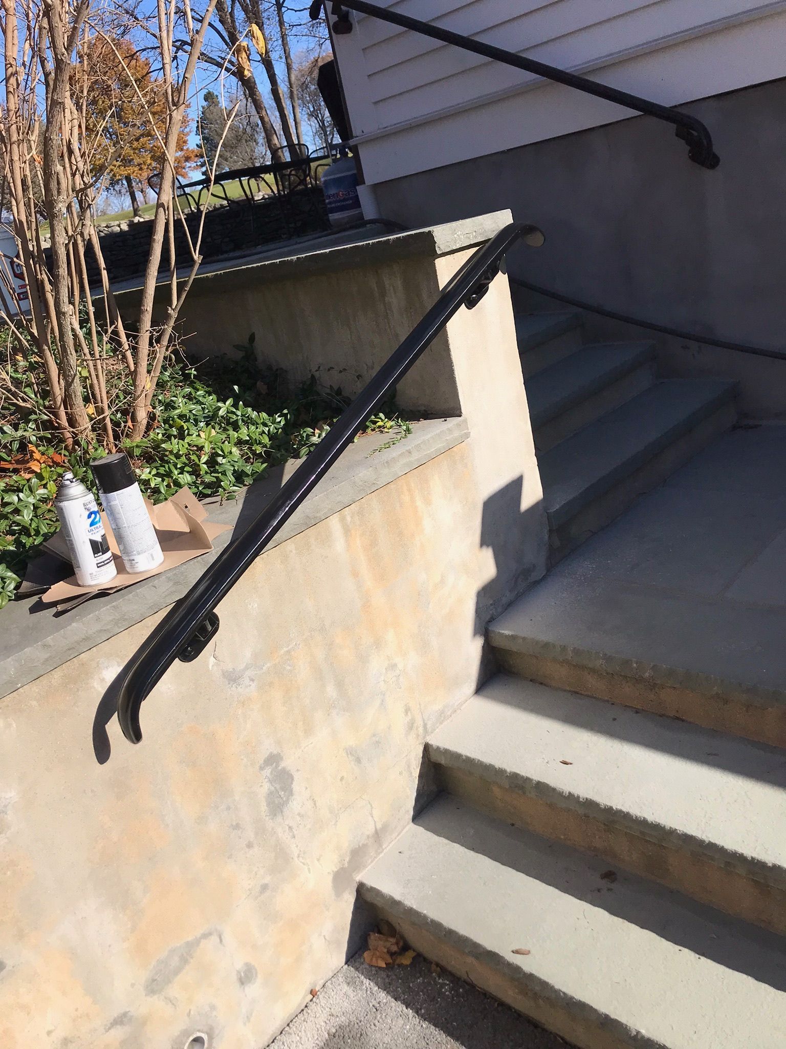 Outdoor concrete stairs beside a retaining wall with black metal handrails and potted plants on the left.