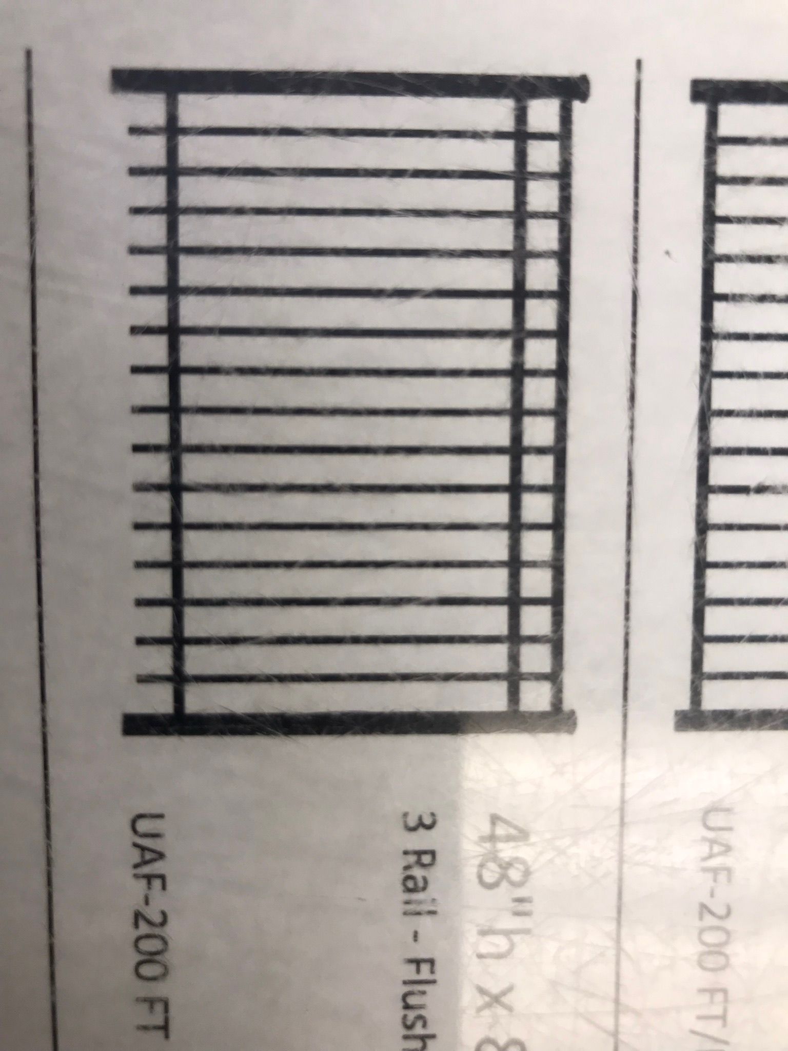 Black-and-white technical drawing of a window grill with vertical bars and a side frame, labeled UAF-200 B71.