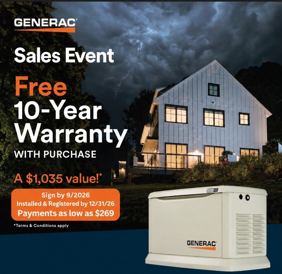 Generac sales event ad for free 10-year warranty with purchase, showing a house and home generator; $6,035 value