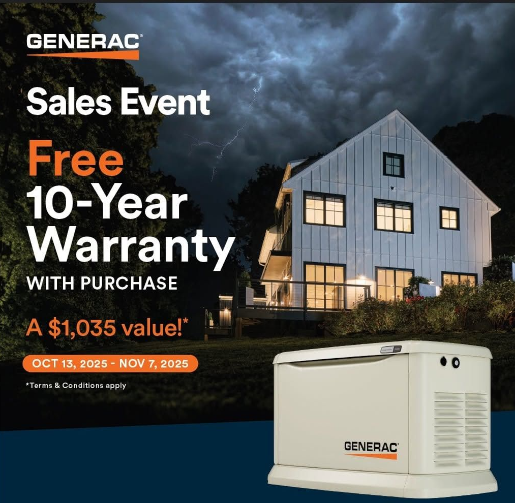 Generac sales event ad for a free 10-year warranty with purchase, showing a house, stormy sky, and generator unit