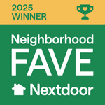 Neighborhood FAVE winner badge from Nextdoor, green and yellow, reads 