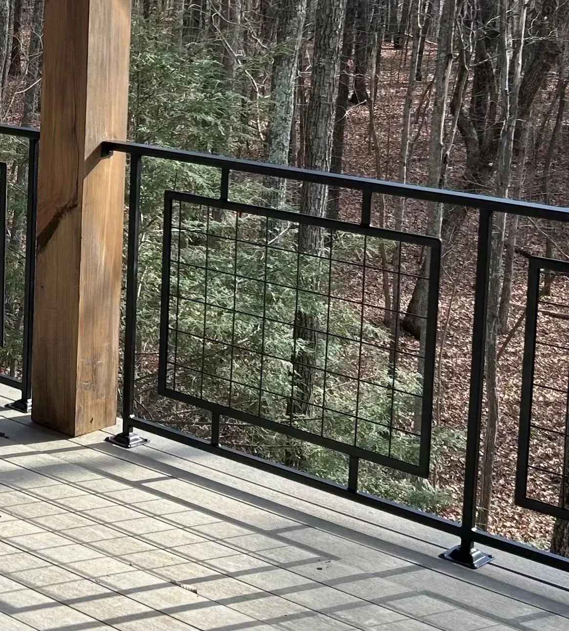 Black metal deck railing with rectangular mesh panel, surrounding trees in the background.